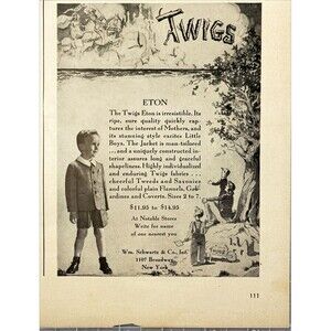 TWIGS ETON Little Boys Jacket "Adult Tailored" Vintage Print Ad 1948
